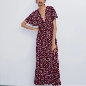 Zara Floral Print Short Sleeve Maxi Dress